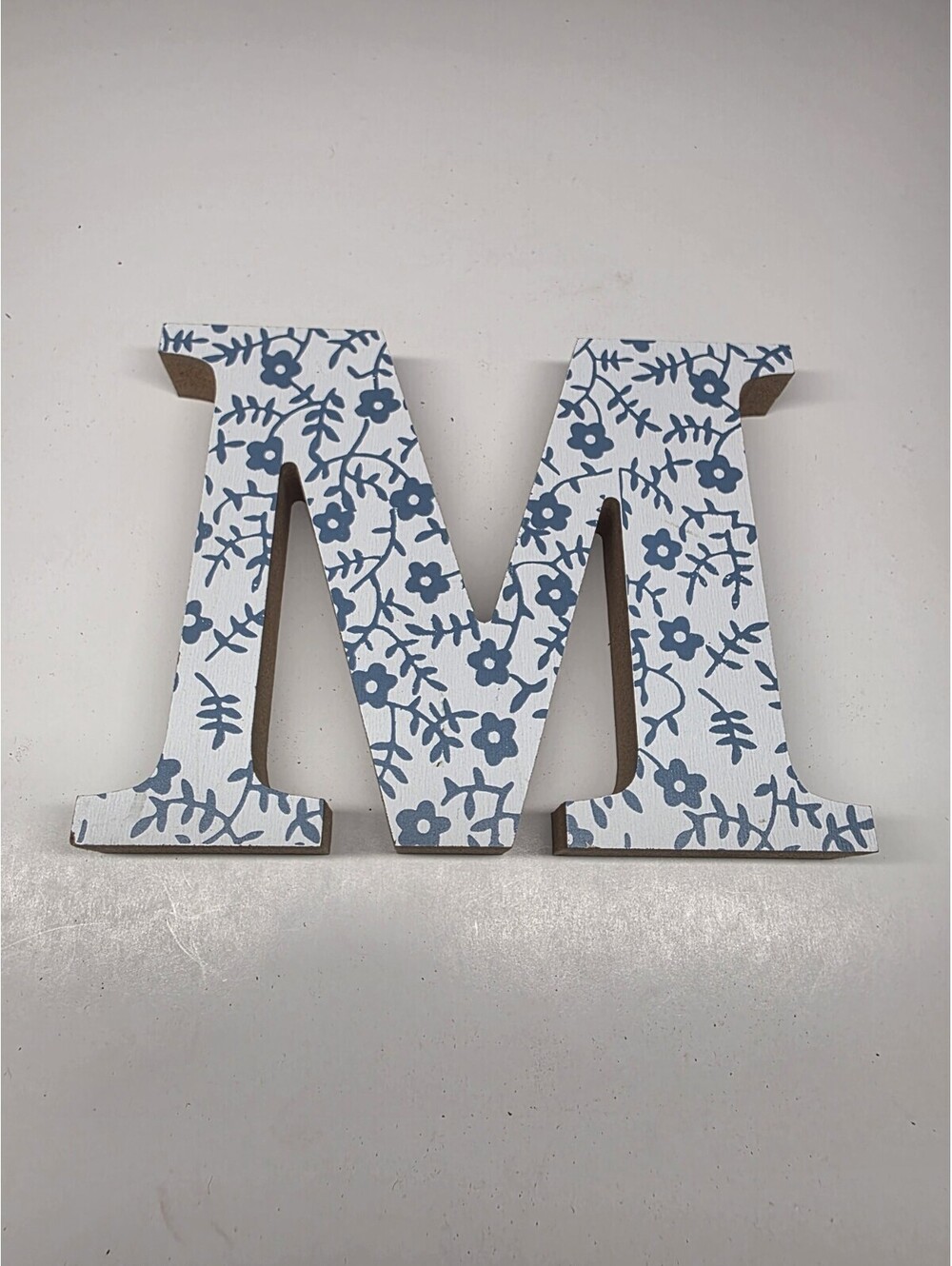 Decorative Wood Free Standing / Hang Letter "M" Blue Floral